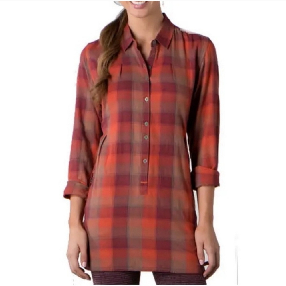 Toad&Co Mixologist Tunic Red/Orange Plaid Large